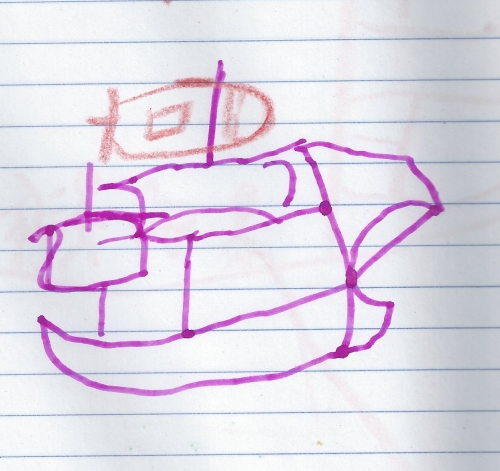Elizabeth's first sailing ship, drawn just like John Alexander taught me when I was not too much older than her. (Elizabeth added the flag on her own).