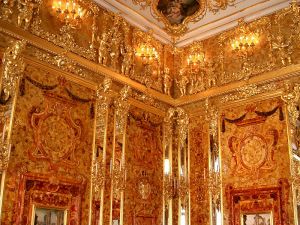 Photograph of the second Amber Room, now on displayed in the Cathrine Palace, St. Petersburg, Russia. Photo credit, Wikipedia.org, public domain.